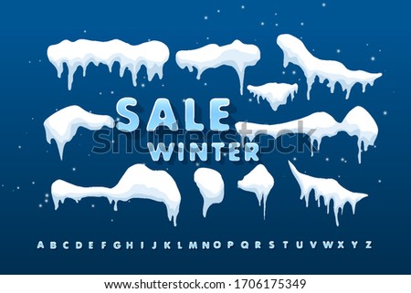 A set of isolated snow covers. Snow elements on a winter background. Vector template in cartoon style for your design. Winter alphabet with the inscription winter sale. Vector.