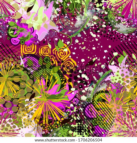 Seamless multicolored floral background . Mixed media. Vector illustration