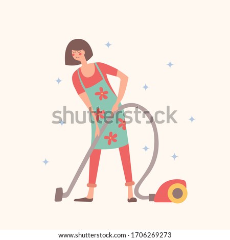 Girl vacuums. Vector illustration on a light background.