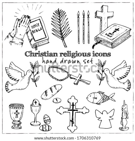Christianity traditional religious symbols isolated hand drawn doodles Vector set