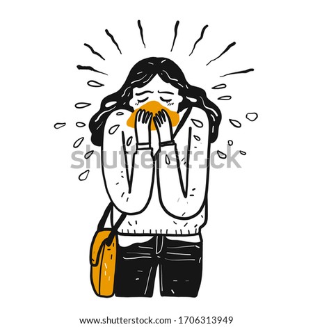 A sick girl is sneezing. The prevention of contagious diseases. Hand drawn, Vector Illustration doodle style. Royalty-Free Stock Photo #1706313949