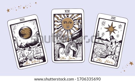 Magic Tarot deck vector background with major arcana: the moon, star, sun. Occult and fortune telling concept. Vector hand drawn vintage style Royalty-Free Stock Photo #1706335690