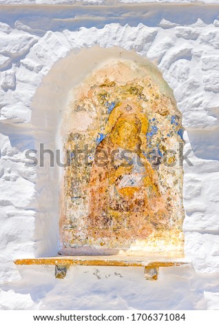 Ancient byzantine hand made picture of Madonna keeping Jesus Christe as a child, out of Hozoviotissa monastery in Amorgos island in Greece