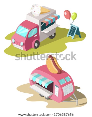 Ice cream truck and trailer with hot dogs. Cartoon illustration isolated on white background.