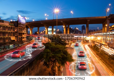 Smart cars with automatic sensor driving on metropolis with wireless connection, Communication 5G technology concept Royalty-Free Stock Photo #1706390962