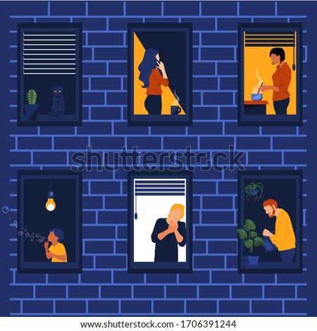 vector illustration of people in the windows, neighborhood, neighbors, watering plants, cooking, chatting, soap bubbles, cat, kid, quarantine