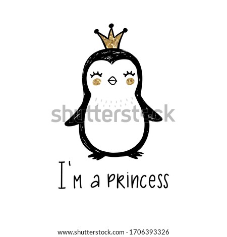 Golden glitter Penguin with crown and lettering - I'm a Princess isolated on white. Baby girl Doodle cute animal illustration. Vector character. For kids or babies t-shirt design, room decoration.