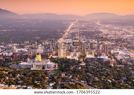 Salt Lake City, Utah, USA downtown city skyline at dusk.