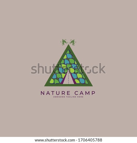 Camping logo with leaf pattern, template, outdoor adventure, Mountain tourism, hiking.