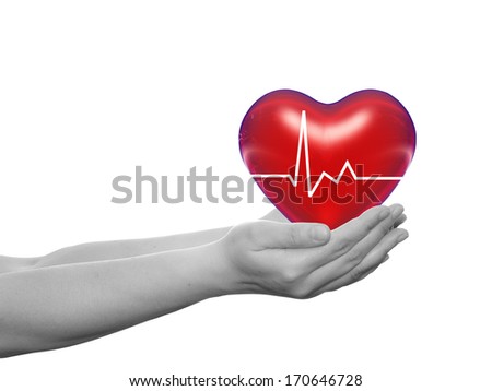Concept or conceptual 3D red human heart sign or symbol held in human man or woman hands isolated on white background, metaphor to health,care,medicine,protect,life,medical,pulse,healthcare cardiology