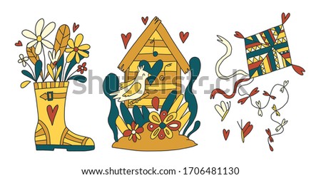 Set of cartoon style flowers in boot, birdhouse with bird and kite in bright colors. Includes caterpillar and butterfly. Isolated on white for greeting cards, Easter, thanksgiving, scrap booking.