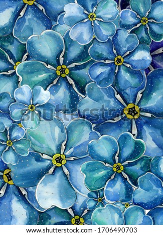 Colorful and Bright floral background with hand drawn watercolor blue  flowers. Can be used for wedding invitations, greeting card, or any kind of a design.