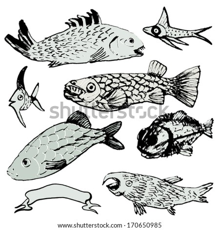Fish doodle, collection of fish drawings.