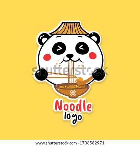 cute panda eating noodle. food logo