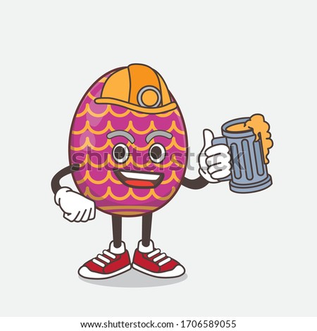 An illustration of Easter Egg cartoon mascot character holding a glass of beer