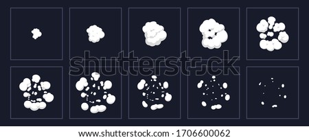 Smoke explosion animation. Cartoon explosion animated shot, explode clouds frames. Exploding effect storyboard isolated vector illustration set. Movement puff effect, flash motion boom Royalty-Free Stock Photo #1706600062