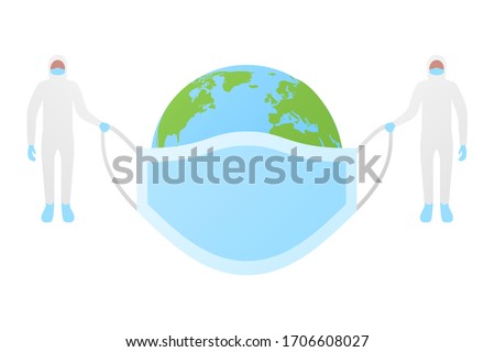 flat people in white protective suit hold blue protection medical face mask for protect world map globe,  stock vector illustration clip art design element isolated on white background with copy space