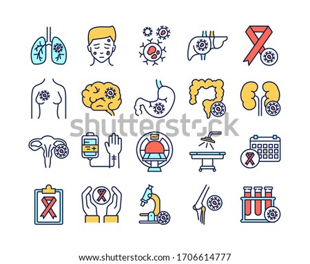 Cancer different organs line color icons set. Oncology. Medical diagnostic. Isolated vector elements. Outline pictograms for web page, mobile app, promo.