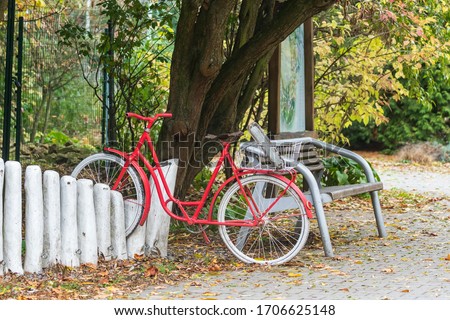 Old colorful bicycle as decoration stands in rack next to bench