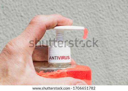 Collage of a man's hand with an antiseptic spray can
