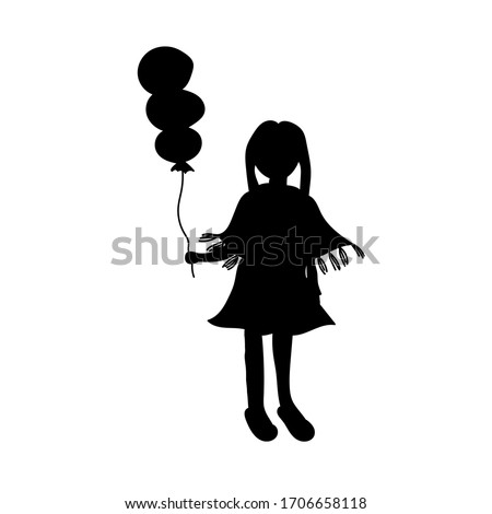 Funny illustration in cartoon style. Black silhouette of cute little girl with balloon.