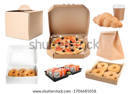 Collage of cardboard and plastic containers with fresh food on white background. Online delivery