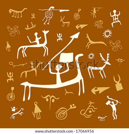 Vector illustrations of rock drawings at white and yellow background