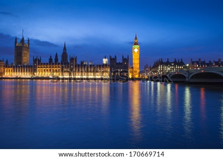 The Palace of Westminster, House of Parliament, Big Ben at twilight night, England, London, UK 