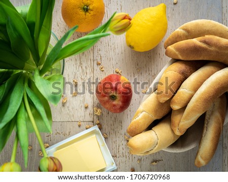 Background with pastries, fruits, flowers and butter, format 4x3
