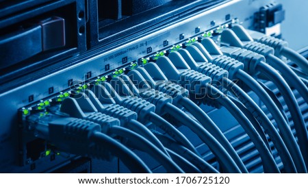 Macro Shot: Ethernet Data Center Cables Connected to Router Ports with Blinking Lights. Telecommunications: RJ45 Internet Connectors Plugged into Modem LAN Switches. cyber security Database Working Royalty-Free Stock Photo #1706725120