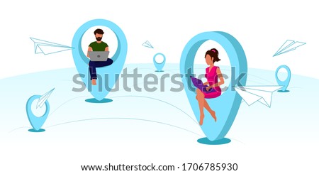 Vector flat illustration concept of global outsourcing, company remote management, distributed team, freelance job. Distance learning or working around the world. Royalty-Free Stock Photo #1706785930