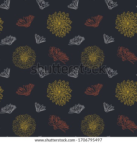 Seamless pattern with blossoming buds of aster and chrysanthemum. Color vector illustration. Contour elements are hand-drawn and isolated on dark background. Floral design of wrapping paper and textile