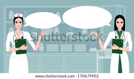 Young cute doctor and nurse providing information with a smile on a speech bubble background.Health care, Nurse hat, Cartoon Nurse. isolated on white. Clipping mask is used in the EPS file.