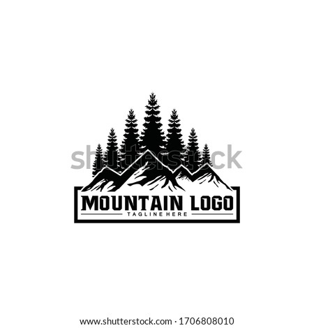 Rustic Retro Vintage pine and mountain, evergreen, fir, hemlock, spruce, conifer, cedar, coniferous, cypress, larch, pinus trees logo template