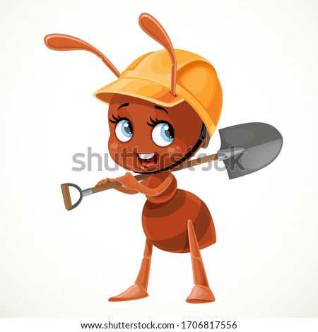 Cute ant with a shovel in hands isolated on white background