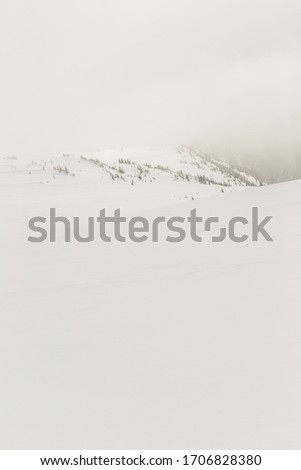 A winter storm descends on the mountain tops in Garibaldi Provincial Park obscuring the surrounding peaks. Viewed from Whistler Mountains Flute summit in British Columbia's Costal Mountains.