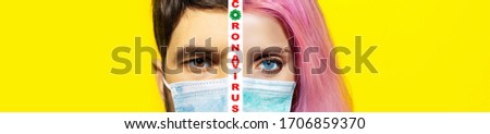 Collage of studio half face portraits of young woman and man, wearing safety medical face mask against flu. Isolated on yellow background. Coronavirus text between pictures.