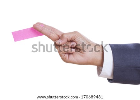 Businessman hand holding sticky note. with using path 
