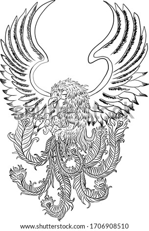Beautiful line art of Phoenix for tattoo  design on background.Phoenix vector for printing on shirt.Pheonix vector illustration for doodle art and coloring book on white isolated background.