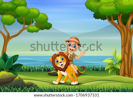 Safari boy with lion walking in the nature