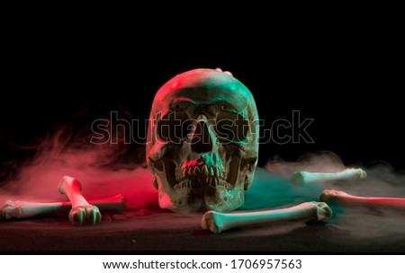 Human skull near bones and thick white smoke flowing around for Day of Dead on dark background with red and green light.