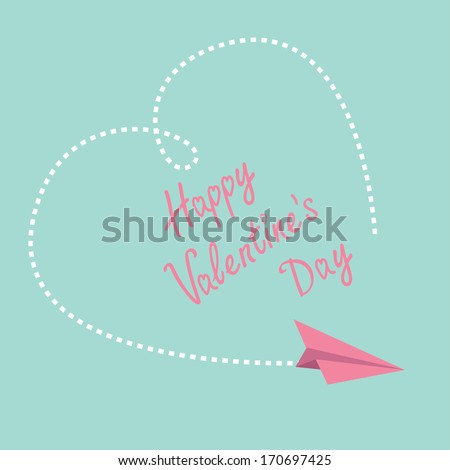 Flying paper plane. Big dash heart in the sky. Happy Valentines Day card.  Vector illustration.