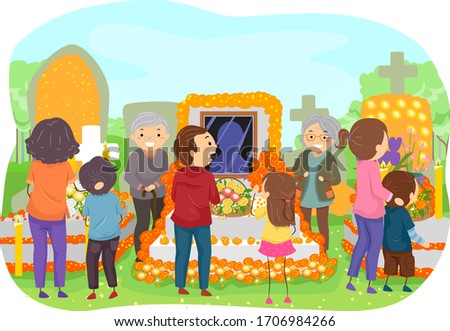 Illustration of Stickman Family Visiting the Cemetery During the Day of the Dead
