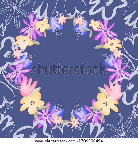 Flower buds watercolor digital art frame on blue background. Print for fabrics, banners, web design, posters, invitations, cards, stationery, wrapping paper.