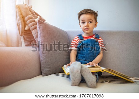 Little boy sitting on a grey sofa near the window, reading a book. The boy is aged 3 and is wearing blue denim clothes. Reading is dreaming with open eyes. Shot of a little boy reading a book at home
