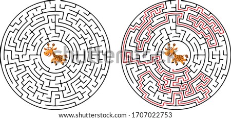Cartoon Vector Illustration of Education Maze or Labyrinth Game for Preschool Children with Funny Giraffe and Palm Tree