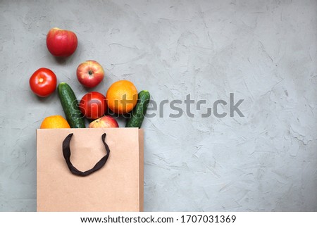 Paper bag vegetables and fruit. Сopy space. Bag food and healthy food concept.