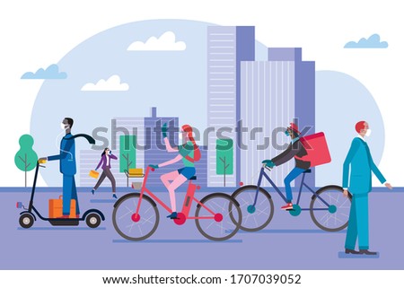 People walking, riding bicycle and scooter, wearing masks in the city to protect themselves from viruses. Vector illustration.