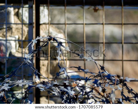 close up. Restricted Area Barbed Fence. Concrete wall, against the backdrop of barbed wire, the concept of prison, salvation, Refugee, lonely, space for text. Protected object, no unauthorized entry.