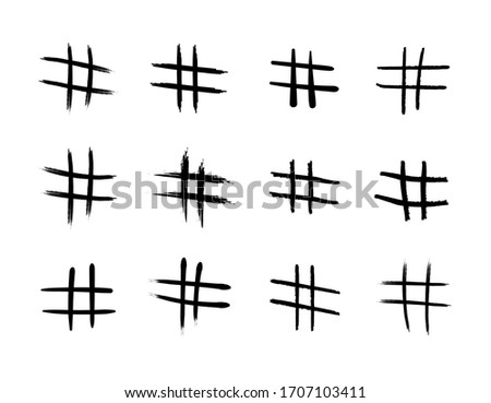 Vector set of black hand drawn hastags isolated on white background, ink rough sketches collection, black and white illustration.